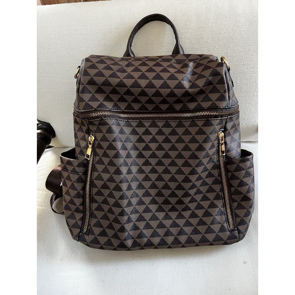 Two Tone Geometric Faux Leather Backpack Gold Hardware And matching wristlet
